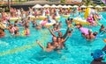 Belek, Turkey, September 12, 2018. Pool party with shaped air mattresses