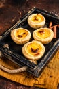 Belem cakes or Pasteis de Belem, Portuguese pastel de Nata Custard Tarts. Dark background. Top view