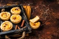 Belem cakes or Pasteis de Belem, Portuguese pastel de Nata Custard Tarts. Dark background. Top view. Copy space