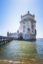 Belem defensive tower in the estuary of the Tagus river in Lisbon, footbridge over the water that leads to the interior