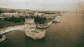 Belem Tower aerial view on cloudy day, Lisbon - Portugal Royalty Free Stock Photo