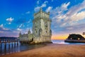 Belem Tower on the bank of the Tagus River in dusk after sunset. Lisbon, Portugal Royalty Free Stock Photo