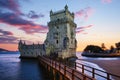 Belem Tower on the bank of the Tagus River in dusk after sunset. Lisbon, Portugal Royalty Free Stock Photo