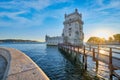 Belem Tower on the bank of the Tagus River on sunset. Lisbon, Portugal