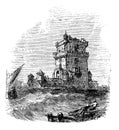 Belem Tower, in Lisbon, Portugal, during the 1890s, vintage engraving