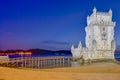 Belem Tower on Tagus River in Lisbon, Picture Taken at Blue Hour in Portugal Royalty Free Stock Photo