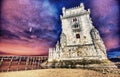 Belem Tower with tourists at night, Lisbon - Portugal Royalty Free Stock Photo