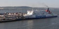 Roll on roll off ferry unloading vehicles in the Port of Belfast UK