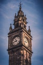 BELFAST, NORTHERN IRELAND, DECEMBER 19, 2018: Close up of Albert Memorial Clock Tower situated at Queen`s Square in Belfast. It