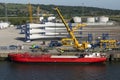 Turbine blade assembly and shipping area, port of Belfast, Northern Ireland, UK