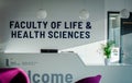 Reception desk of Faculty of Life & Health Sciences at Ulster University Belfast campus