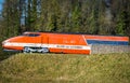 Belfort, France - April 06, 2020. Orange train TGV 001 gas turbine-electric locomotive Belfort aux alsthommes Royalty Free Stock Photo