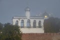 Belfry of the ancient St. Sophia Cathedral in the morning mist. Kremlin of Veliky Novgorod Royalty Free Stock Photo
