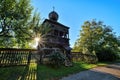 Belfry with arcades and onion shaped roof of wooden articular church in Hronsek which is part of wooden churches Royalty Free Stock Photo