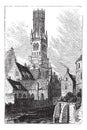 Belfry of Bruges, or Bellfort, Bruges, Belgium. Vintage engraving