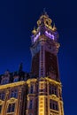 belfry of the chamber of commerce in Lille, France, at night
