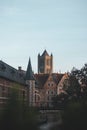 Belfry of Ghent in the center of city in the evening light in Belgium. Historical monument