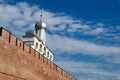 Belfry of Saint Sophia Cathedral in Velikiy Great Novgorod in Russia behind the citadel kremlin, detinets wall under blue summ Royalty Free Stock Photo