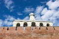 Belfry of Saint Sophia Cathedral in Velikiy Great Novgorod in Russia behind the citadel kremlin, detinets wall under blue summ Royalty Free Stock Photo