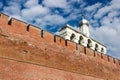 Belfry of Saint Sophia Cathedral in Velikiy Great Novgorod in Russia behind the citadel kremlin, detinets wall under blue summ Royalty Free Stock Photo