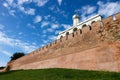 Belfry of Saint Sophia Cathedral in Velikiy Great Novgorod in Russia behind the citadel kremlin, detinets wall under blue summ Royalty Free Stock Photo