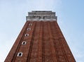 Belfry of St. Mark`s Basilica in Venice, Italy.Campanile di San Marco in Italian. Photographed from below along the wall Royalty Free Stock Photo