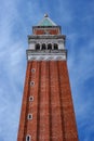 Belfry of St. Mark`s Basilica in Venice, Italy.Campanile di San Marco in Italian. Photographed from below along the wall Royalty Free Stock Photo