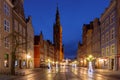 High belfry tower above City Hall at blue hour in Gdansk, Poland