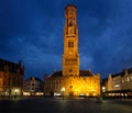 Belfry tower and Grote markt square in Bruges, Belgium on dusk in twilight Royalty Free Stock Photo