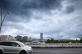 BELGARDE, SERBIA - AUGUST 8, 2023: Selective blur on cars passing on Branov Most bridge in front of Belgrade waterfront, or