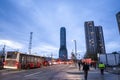 BELGARDE, SERBIA - NOVEMBER 11, 2023: bus passing in front of Belgrade waterfront, or Beograd na vodi, and the Kula belgrade