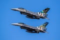 Belgian Air Force F-16 fighter jets with D-Day invasion stripes in flight over Kleine-Brogel Airbase. September 14, 2019