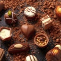 Belgian chocolate assortment, many different bonbons on a dark background