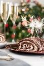 Belgian Chocolate Meringue Roulade filled with whipped cream and Royalty Free Stock Photo