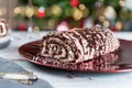 Belgian Chocolate Meringue Roulade filled with whipped cream and Royalty Free Stock Photo