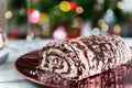 Belgian Chocolate Meringue Roulade filled with whipped cream and Royalty Free Stock Photo