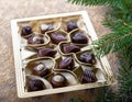 Belgian chocolate pralines with Christmas tree Royalty Free Stock Photo