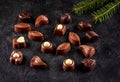 Belgian chocolate pralines with Christmas tree Royalty Free Stock Photo