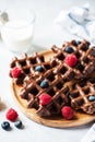 Belgian chocolate waffles, glass of milk on a gray background