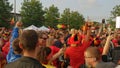 Belgian football fans celebrating a scored goal during a match