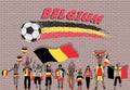 Belgian football fans cheering with Belgium flag colors in front