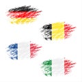 The Belgian, German, French and Italian flag in streaks, set grunge flags