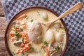 Belgian hot cream soup with chicken waterzooi close up in a bowl Royalty Free Stock Photo