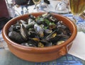 Belgian lunch: steamed mussels and beer Royalty Free Stock Photo