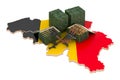 Belgian map with weapons. Military supplies in Belgium, concept. 3D rendering