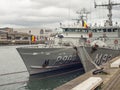 Belgian Navy military ships berthed on River Liffey, Dublin, Ireland.