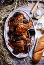 Belgian rabbit stew with ale and prune.style rustic Royalty Free Stock Photo