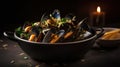 Belgian Seafood Delight Moules Frites on Display - food photography. Generative AI