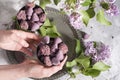 Belgian sweets cuberdon and pralines in silver glasses, spring still life,lilac Royalty Free Stock Photo