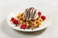 belgian waffle decorated with melted chocolate sauce and ice cream Royalty Free Stock Photo